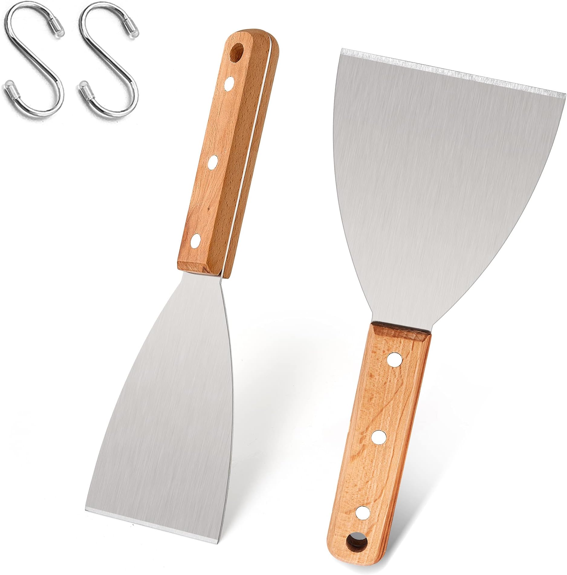 Leonyo Grill Griddle Scraper Set of 2, Stainless Steel Metal Flat Top Grill Scraper Tool for Dough Pancake Pizza Home Baking Cooking Teppanyaki BBQ, Wooden Handle