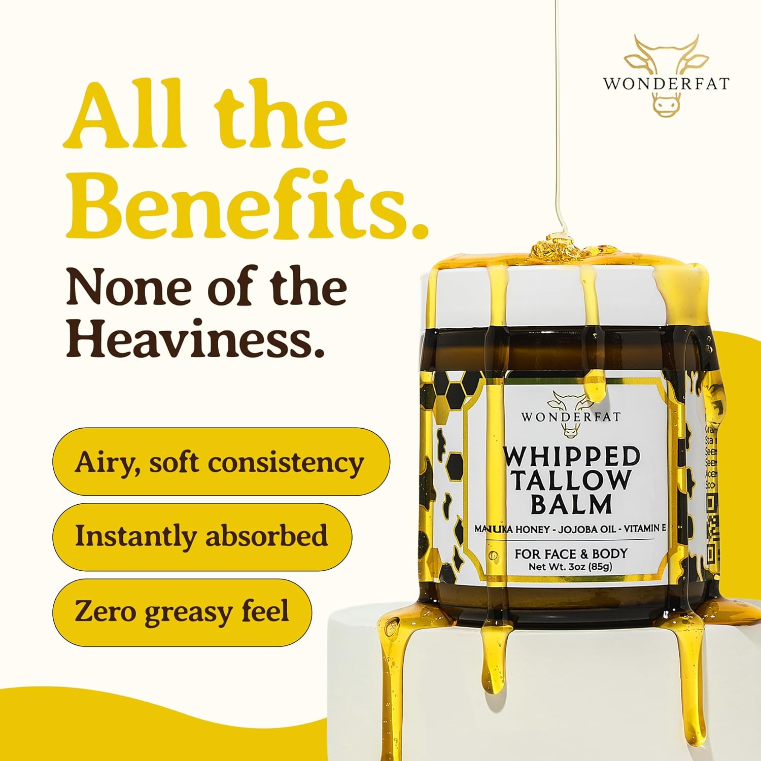 Grass-Fed Whipped Tallow Balm, Face and Body Moisturizer with Manuka Honey, Fragrance Free Tallow Moisturizer for Sensitive Skin, Lightweight Tallow Cream, 3 oz