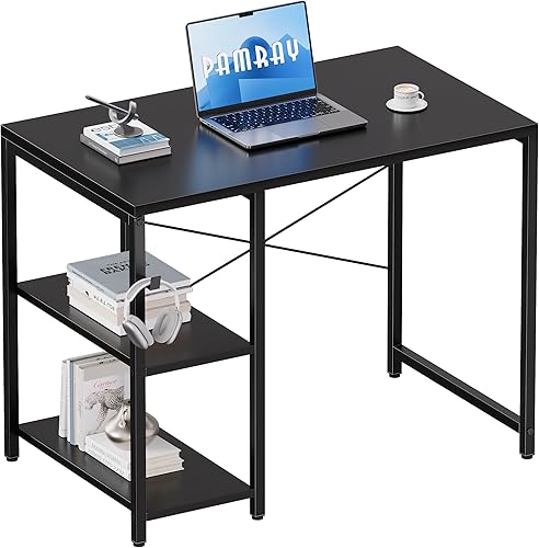 Pamray Escritorio pequeño para computadora de 32 pulgadas con estantes, escritorio de oficina en casa con gancho para auriculares para dormitorio,