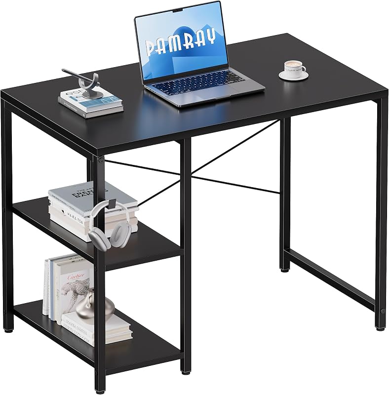 Pamray 32 Inch Small Computer Desk with Shelves for Bedroom Small Spaces | For Home Office, Dorm and Apartment, for Study and Writing, Headphone Hook, Space-Saving, Compact, Easy Setup