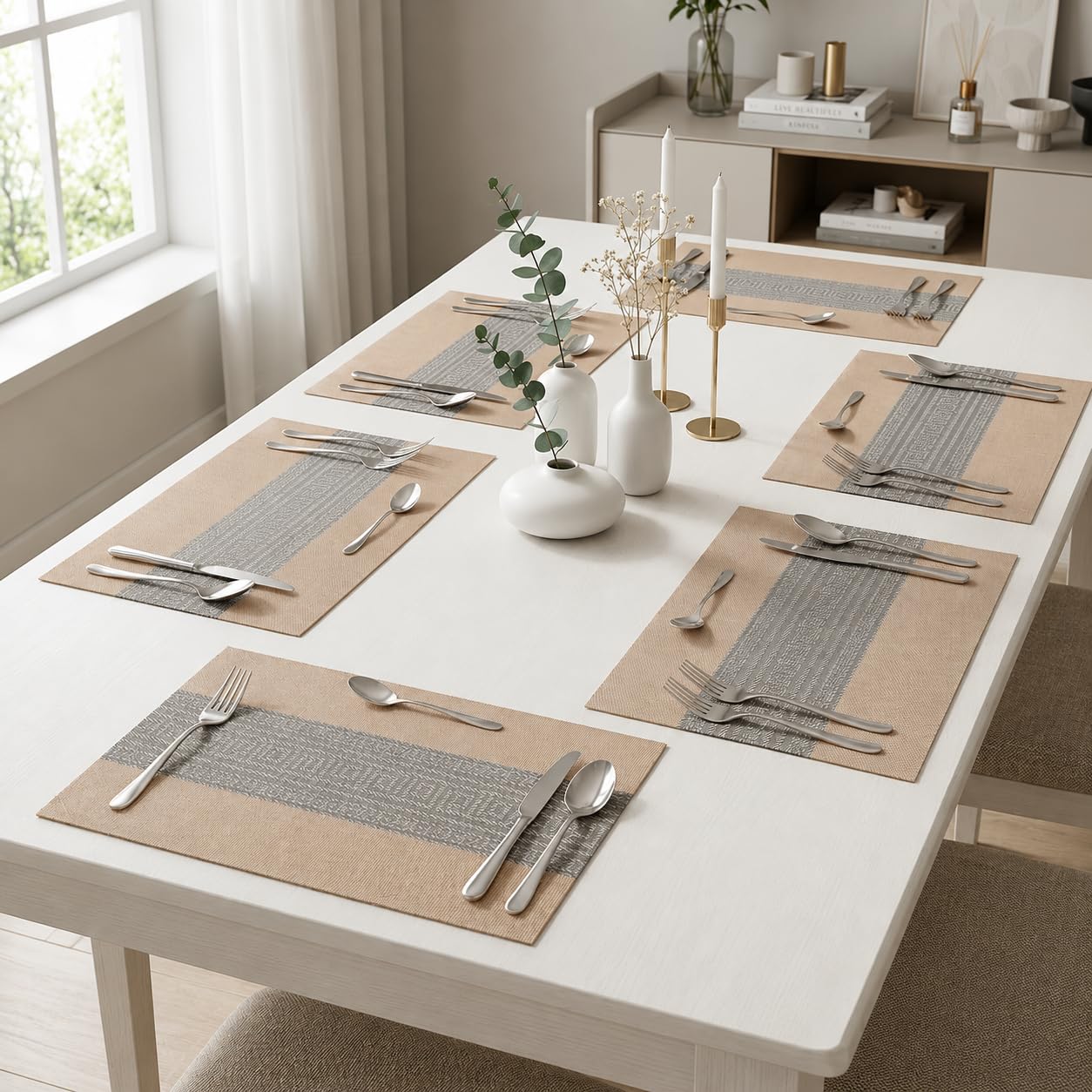 daiDokoro Rectangular Crossweave Woven PVC Vinyl Non-Slip Insulation Heat-Resistant & Waterproof Stain Resistant Washable Placemat for Dining & Kitchen Table-(Almond Beige, Set of 6)