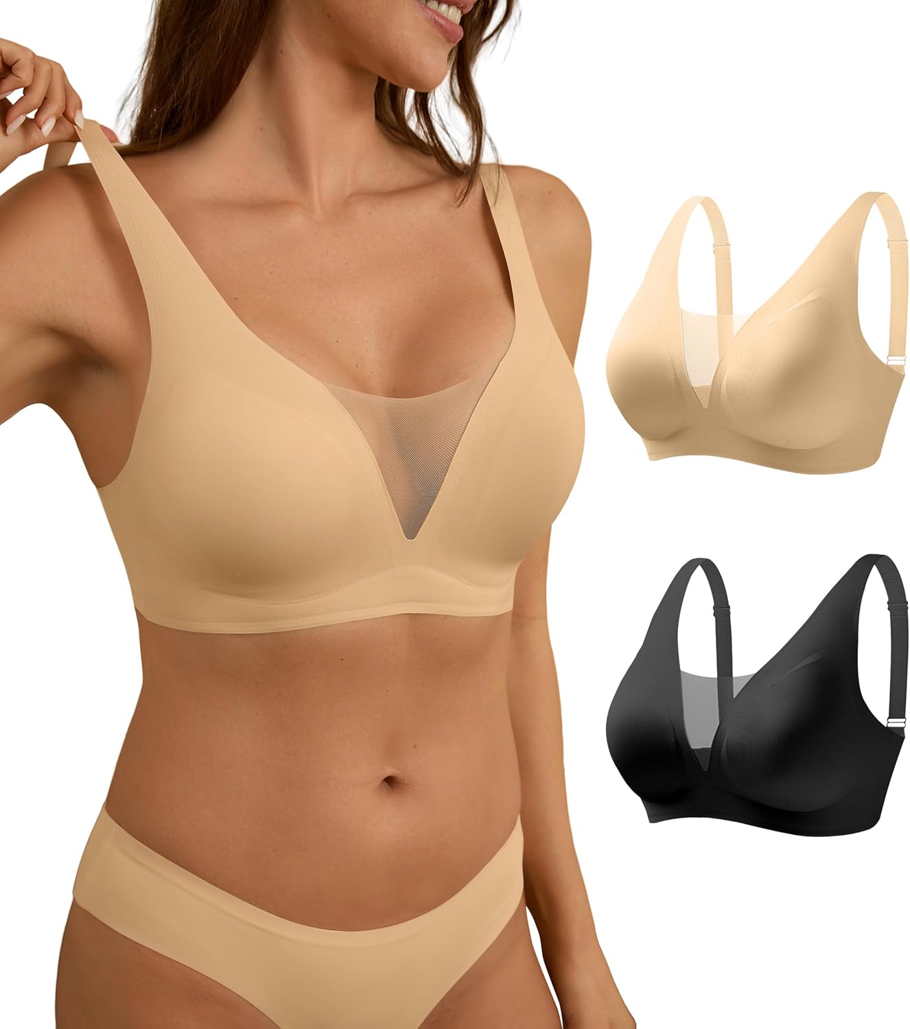 DEANGELMON Wireless Seamless Bras for Women Supportive No Underwire T-Shirt Bra Deep V Comfort Push Up Mesh Bralettes