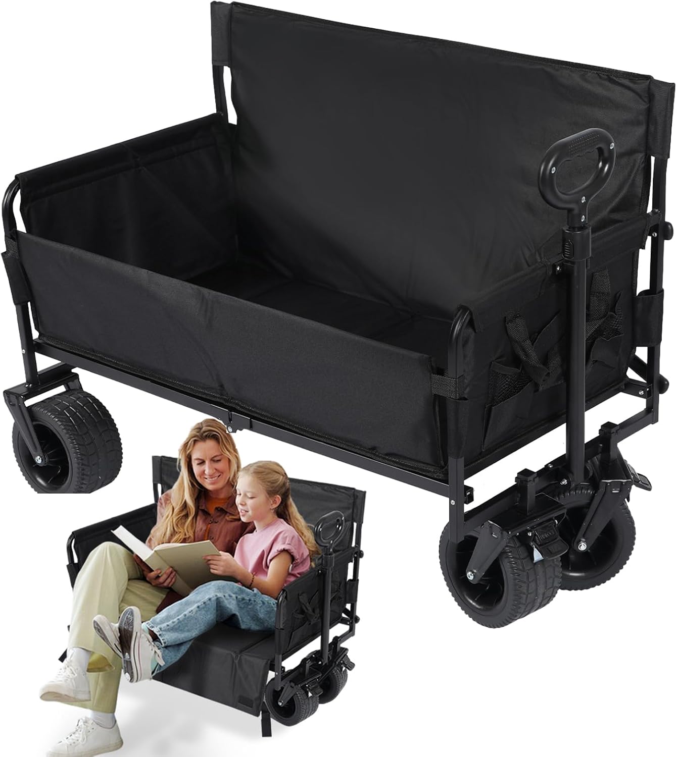 Wagon Bench Love Seat with PU Foam Wheels Heavy Duty 2-in-1 Foldable Beach Cart with 300L Storage Collapsible 330LBS Folding Cart Adjustable Handle & Cup Holders for Camping Beach Sports Garden