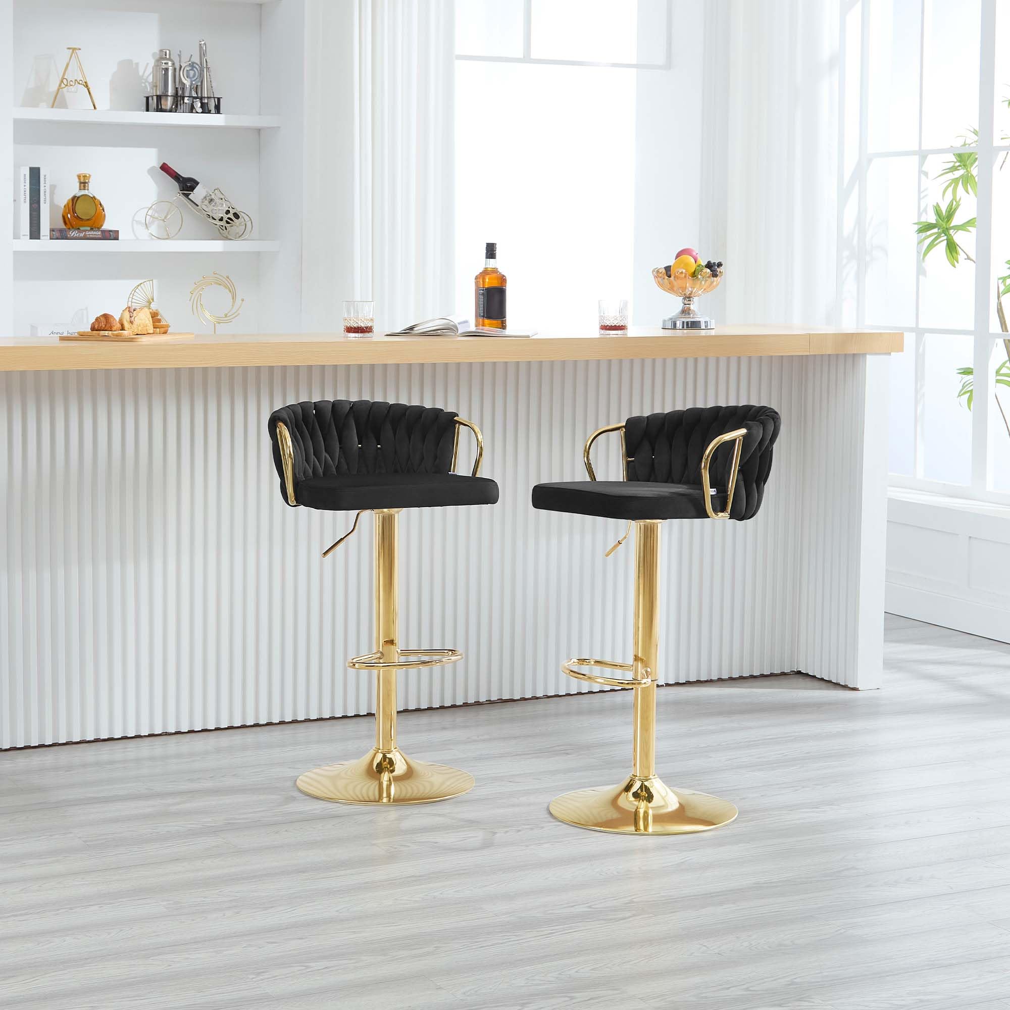 WOLTU Taburetes Altos de Cocina Set 2 Altura Ajustable, Negro | con Respaldo y Reposapiés, Base de Metal, Terciopelo, para Comedor, Salón y Cafetería