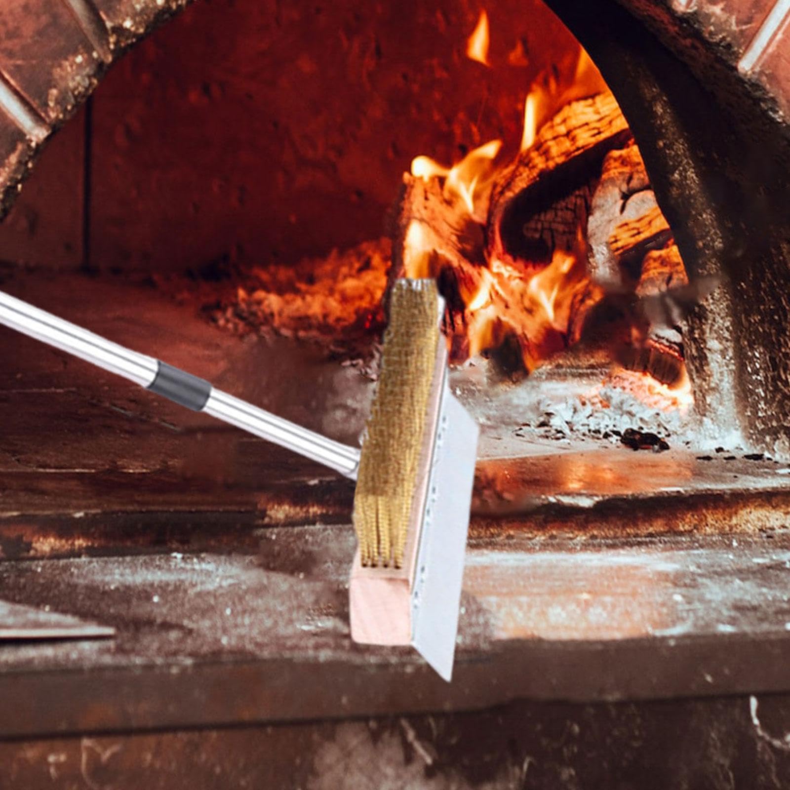 Cepillo para Horno de Pizza con Mango Ergonómico de Acero Inoxidable Y Madera Cerdas Metálicas de Cobre Cabezal Amplio Adecuado para Limpieza en Horno, 1,6 m