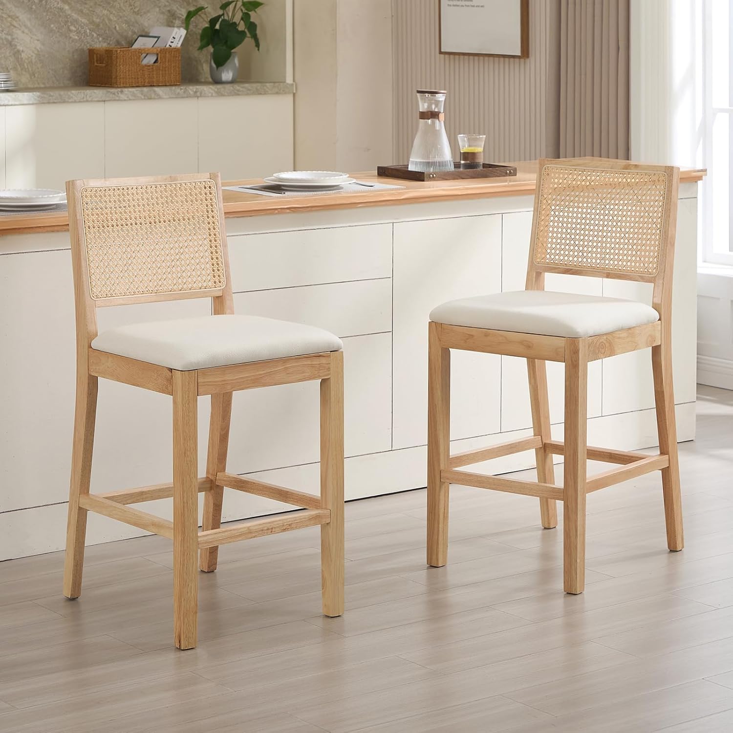 Rattan Bar Stools Set of 2, 26 Inches Wooden Counter Stools with Back, Farmhouse Upholstered Kitchen Chairs with Natural Wood Legs,Mid Century Modern Bar Chairs for Kitchen, Linen Cream