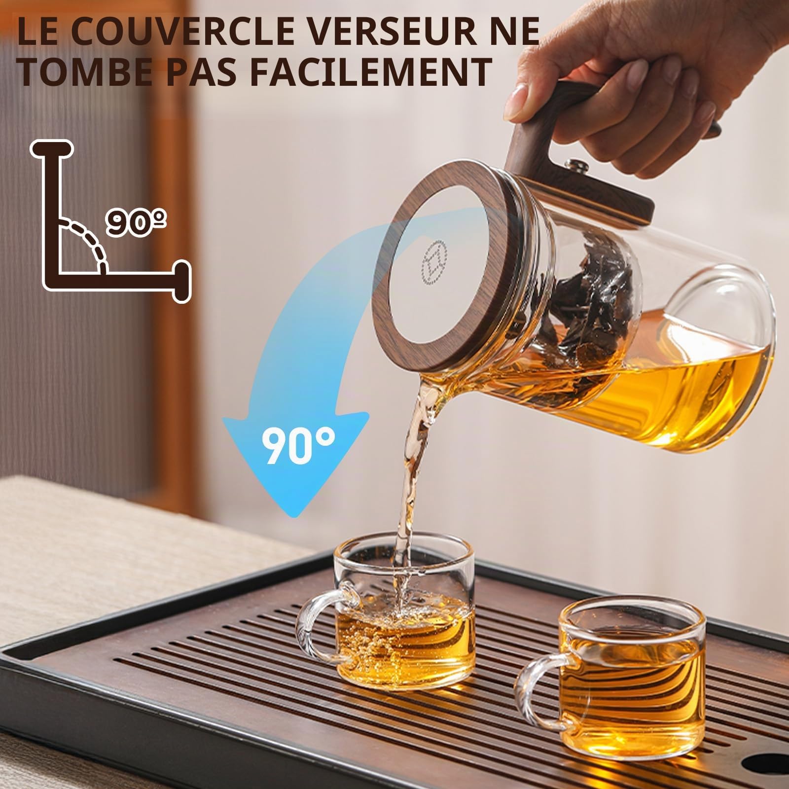 Théière en verre avec filtre et poignée en bois synthétique - Design innovant pour un plaisir uniforme du thé - Théière transparente avec infuseur - Pour la maison, le lieu de travail (600 ml)