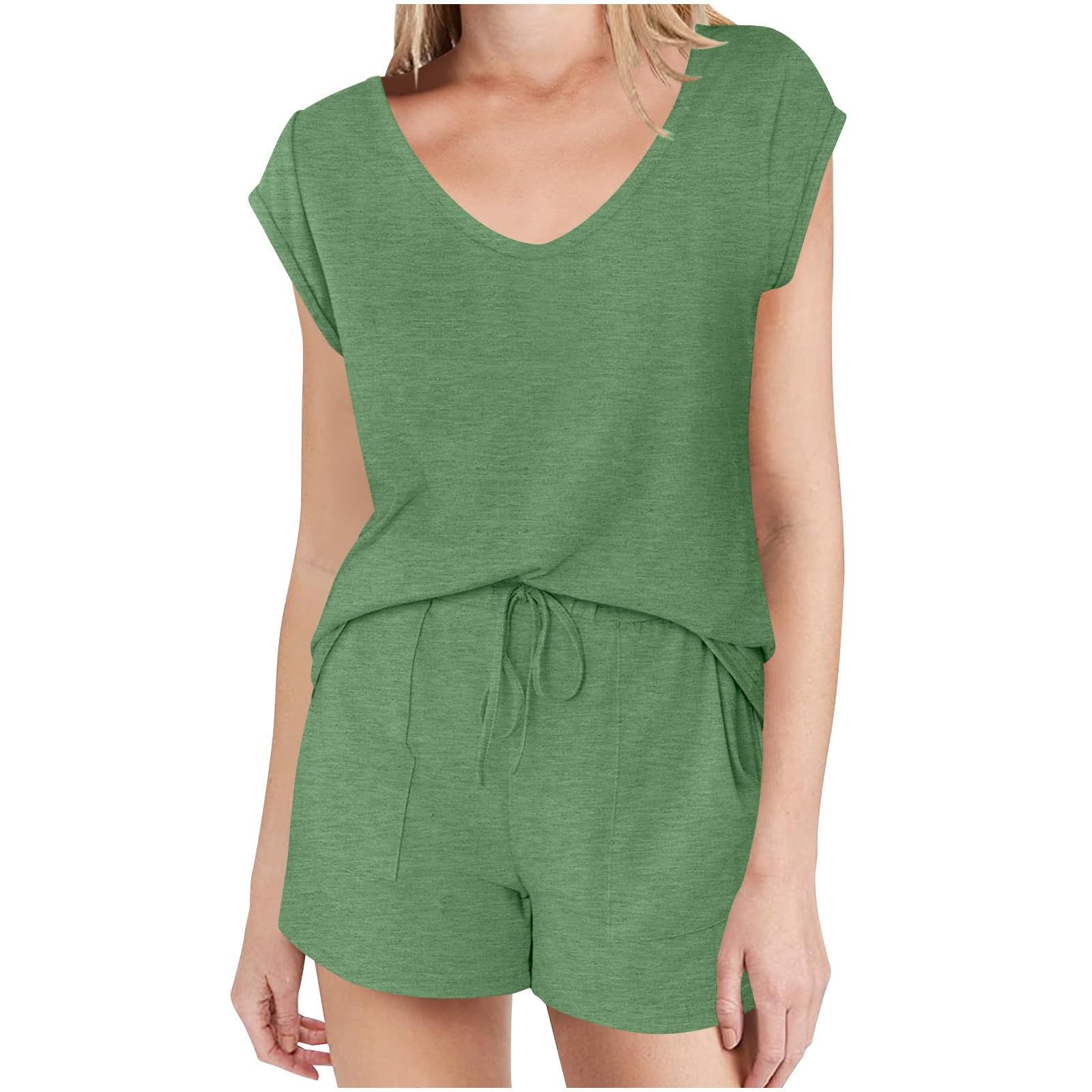 Akklian Lounge Sets for Women 2 Piece Pajama Sets Short Sleeve V Neck Sleepwear with Pockets Casual Loose