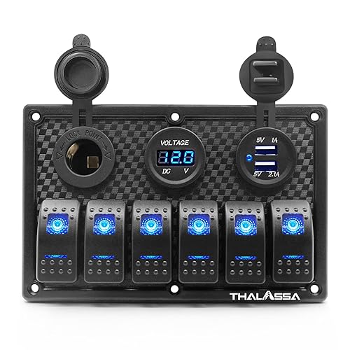 Panel de interruptor basculante impermeable de 6 posiciones con pantalla digital LED azul, voltímetro, doble puerto de carga USB de 5 V, toma de