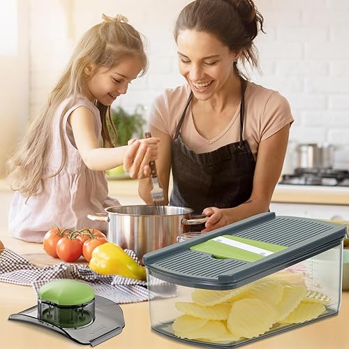 Miniatura 9 de Ourokhome Cortador de mandolina para cocina, rallador de verduras seguro para manos con 6 cuchillas de mandolina, cortador de gofres para papas