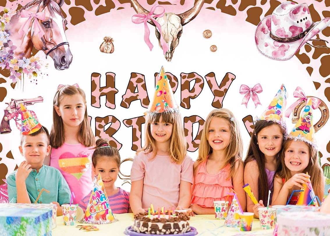 Cowgirl Boots Bow Birthday Backdrop Western Pink Bow Cowgirl Happy Birthday Photography Background Disco Pink Boots and Bows Western Party Decorations Banner Photo Props (82x59inch(7x5FT))