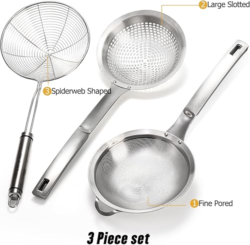 Miniatura 3 de Suwimut Juego de 3 cucharas de colador de araña, colador de malla fina de acero inoxidable, coladores de alimentos de tamiz de acero inoxidable,