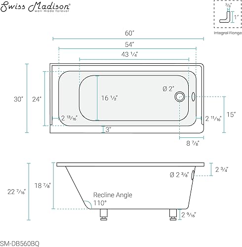 Miniatura 106 de Swiss Madison Well Made Forever SM-DB561 Voltaire - Bañera acrílica de drenaje para zurdos de 48 x 32 pulgadas, 48 x 32 pulgadas, color blanco