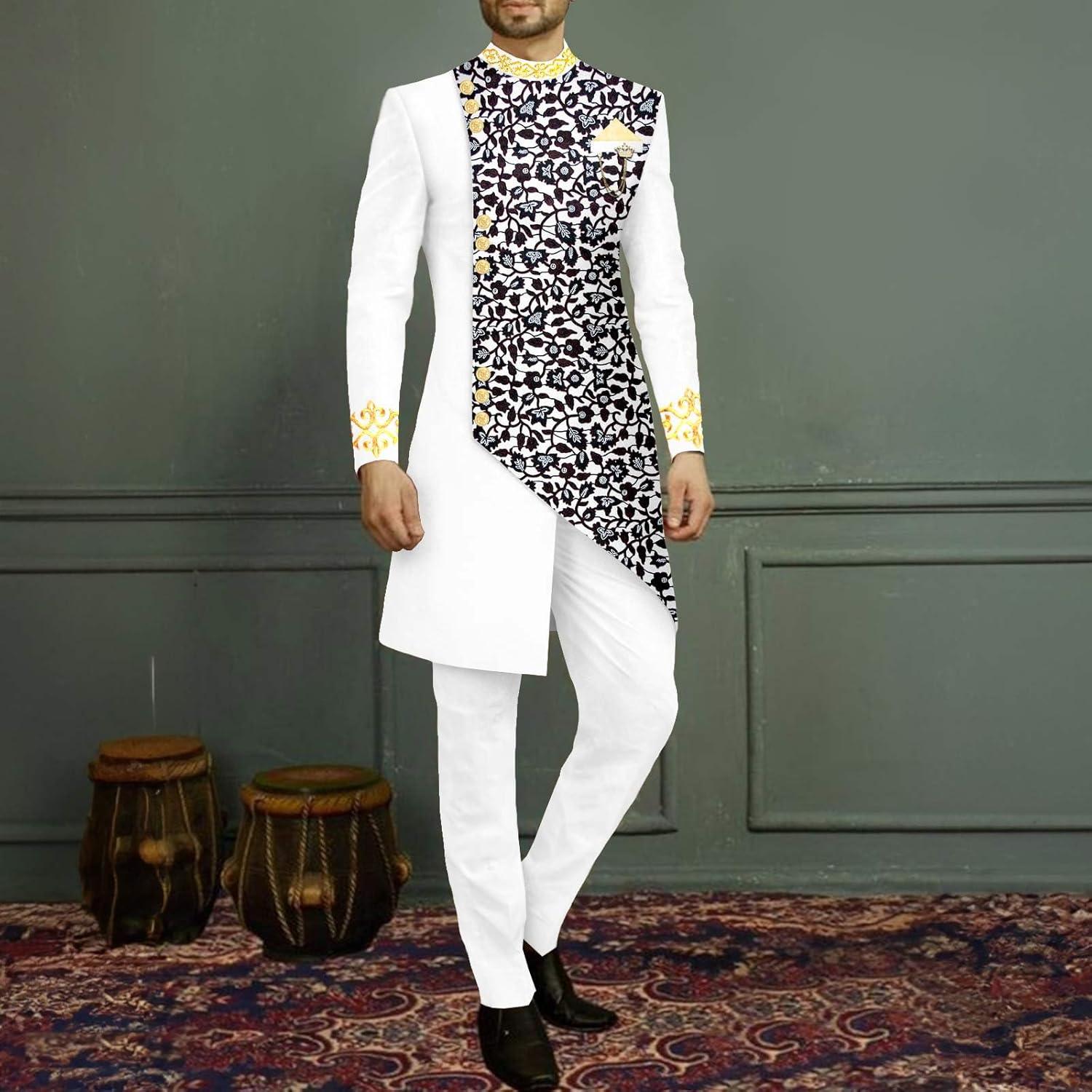Men`s Suit Slim Fit Embroidery Single Breated Blazer and Pants Set African Clothes Brooch Print Outfits