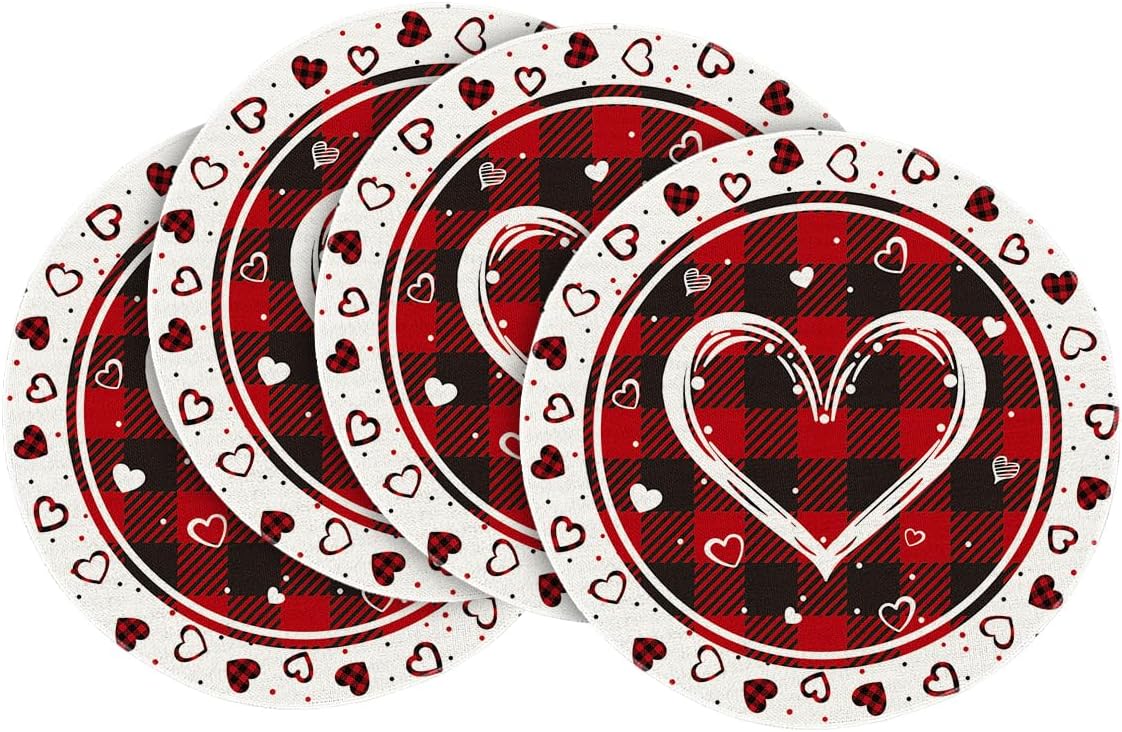 Artoid Mode Buffalo Plaid Love Hearts Round Valentine's Day