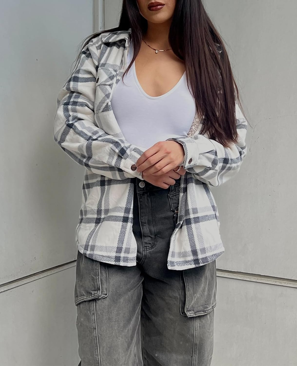 ThCreasa Womens Sherpa Fleece Lined Flannel Shirt Jacket Warm Button Up Plaid Shirt Jac (Sherpa Fleece Throughout) - Image 2