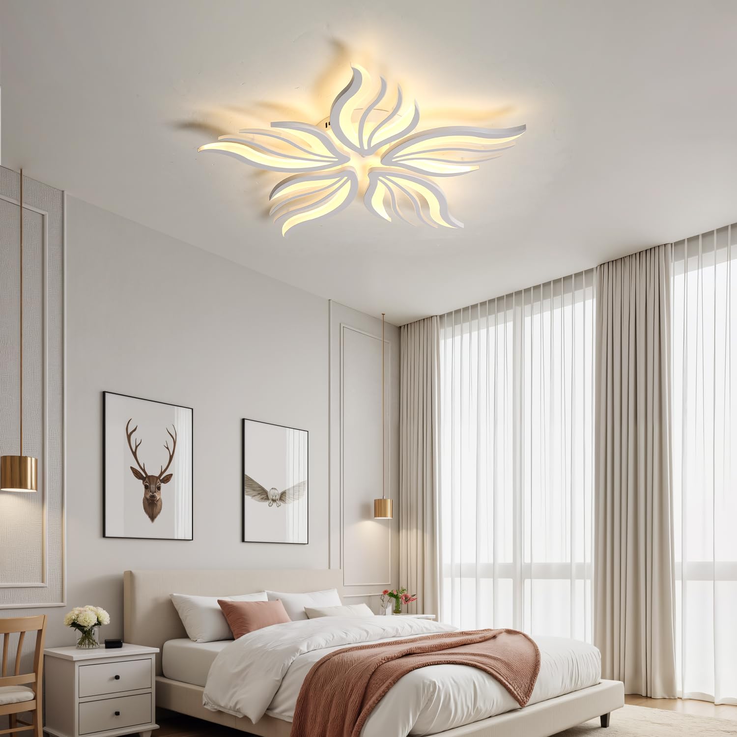 Blume Deckenlampe Dimmbar LED Deckenleuchte Fernbedienunggroße Wohnzimmer Deckenleuchten Kreative Modern Energiesparlampe für Esszimmer Decke Licht Küche Deckenbeleuchtung (Weiß, 5 Köpfe Ø75cm)