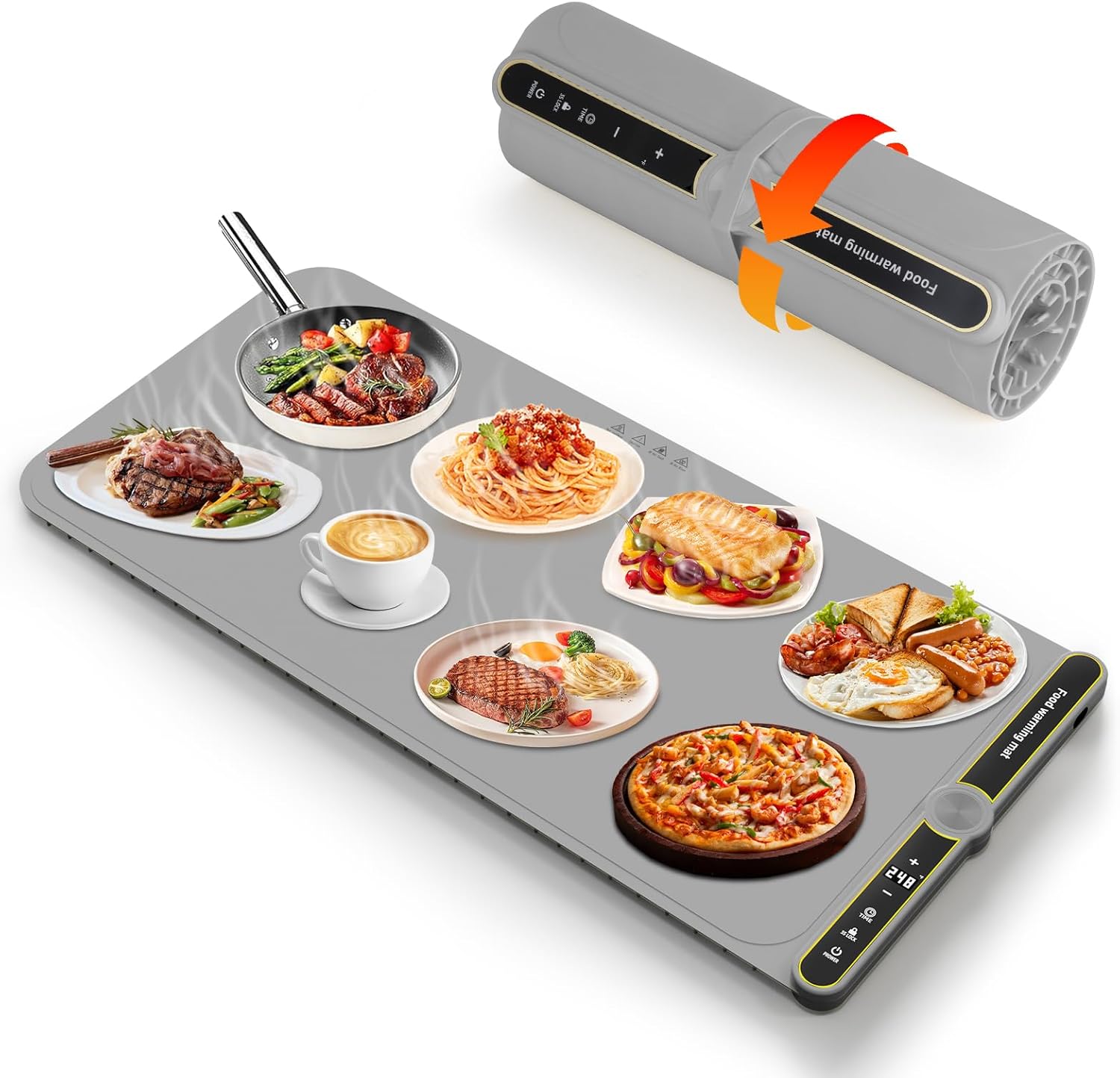 Warming Mat for Food, Defrosting Tray for Frozen Meat, 9-level Temperature, Support Various Tableware Containers, Fast Heating Plate for Buffet Party/Home/Restaurant (Grey)