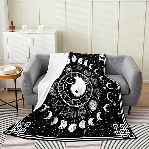 Erosebridal Manta de sol y luna de 50 x 60 pulgadas, manta del zodiaco de doce constelaciones, manta de forro polar de fase lunar, manta de franela