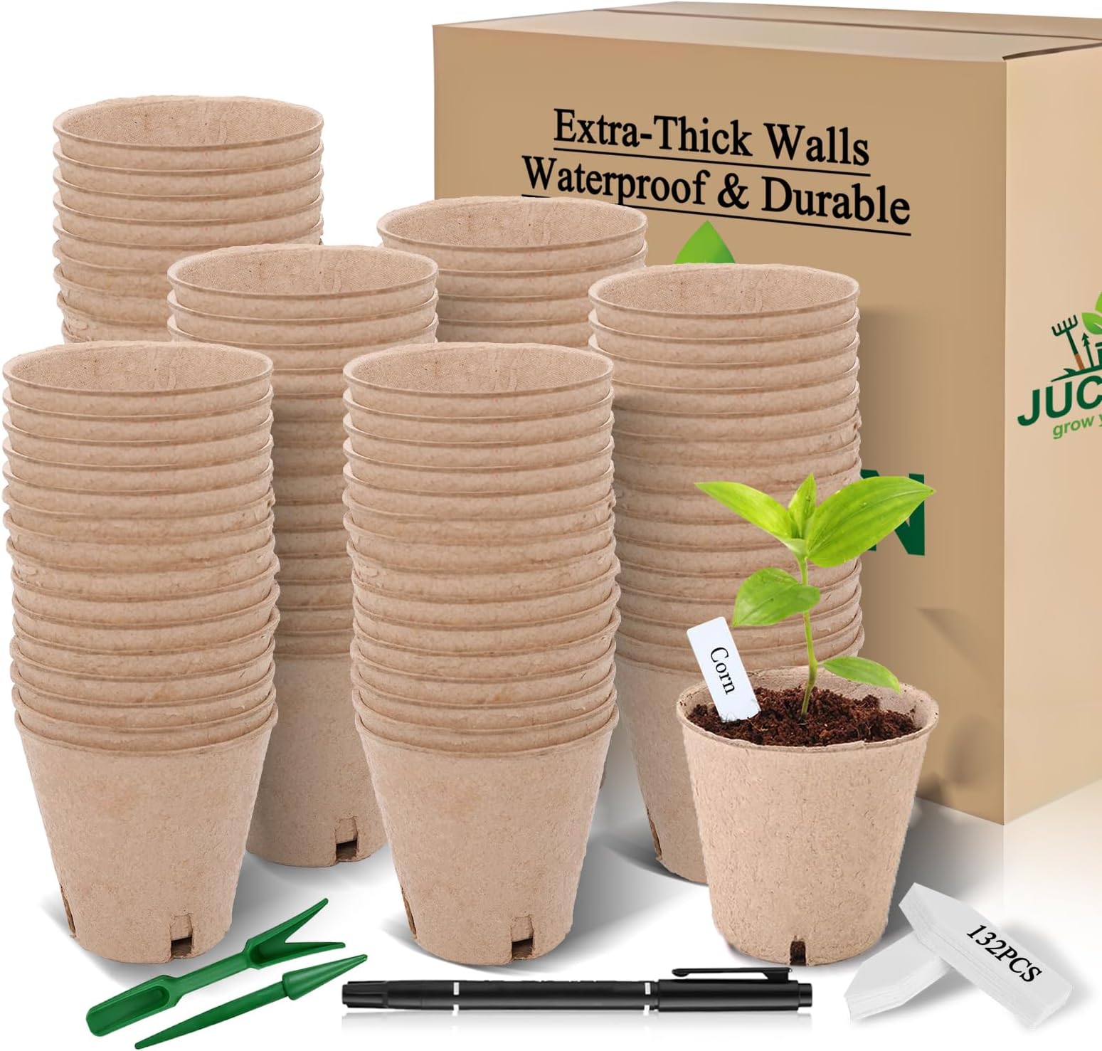 Peat Pots 132 Pcs 3.15 inch, Biodegradable Compostable Plant Seed Starter Pots Paper Potting Cups for Seedlings Planting Seeds, Thickened with Drainage Holes Includes Tools and 132 Plant Tags