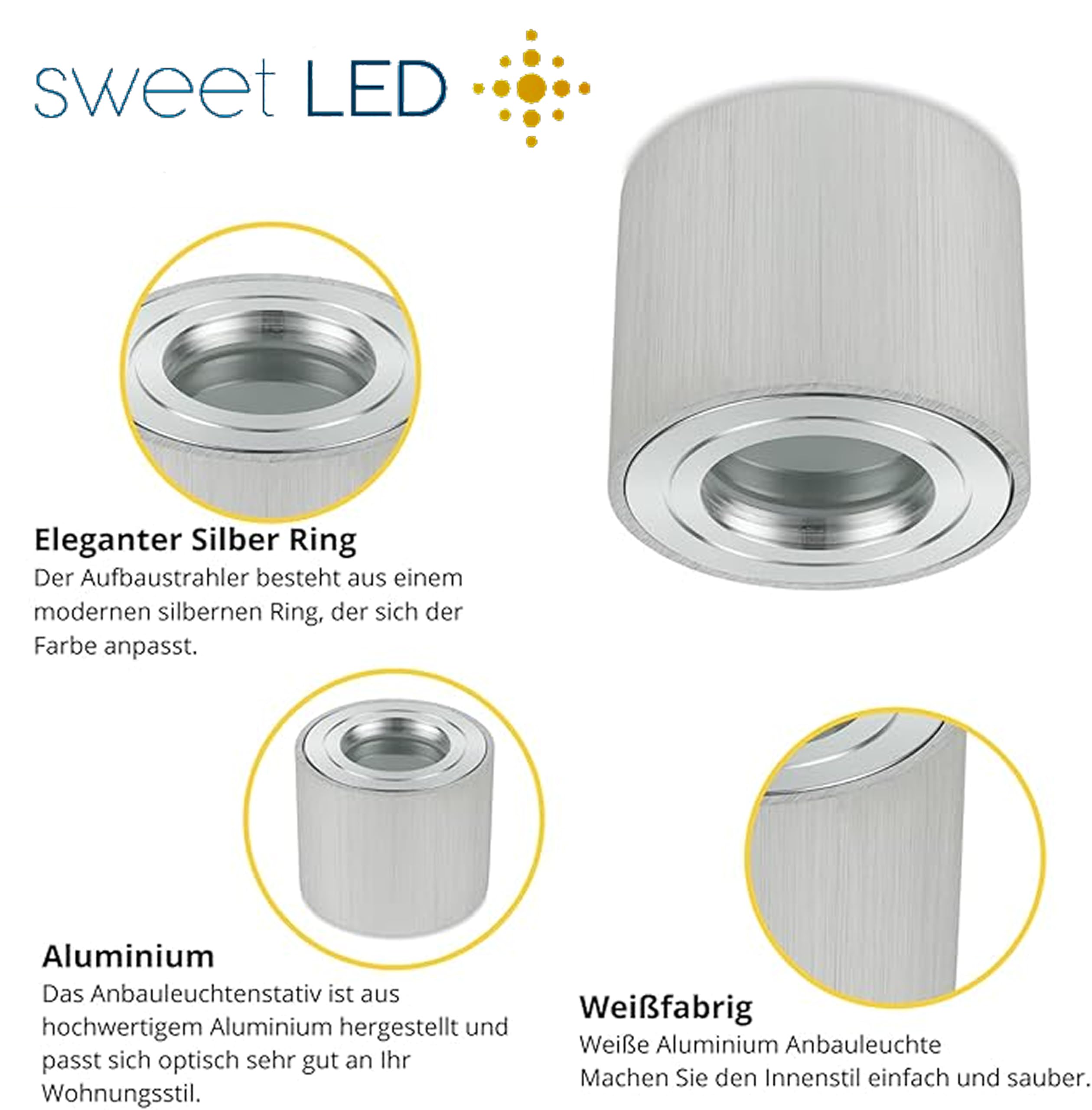 Sweet Led - Aufbauspots IP44 Bad flach, Alu-gebürstet Deckenspots Ø80mm 65mm, Deckenstrahler silber-Farben Badezimmer Küche, 230V Aufbaustrahler passend LED-Modul, rund 4er Set, ohne Leuchtmittel