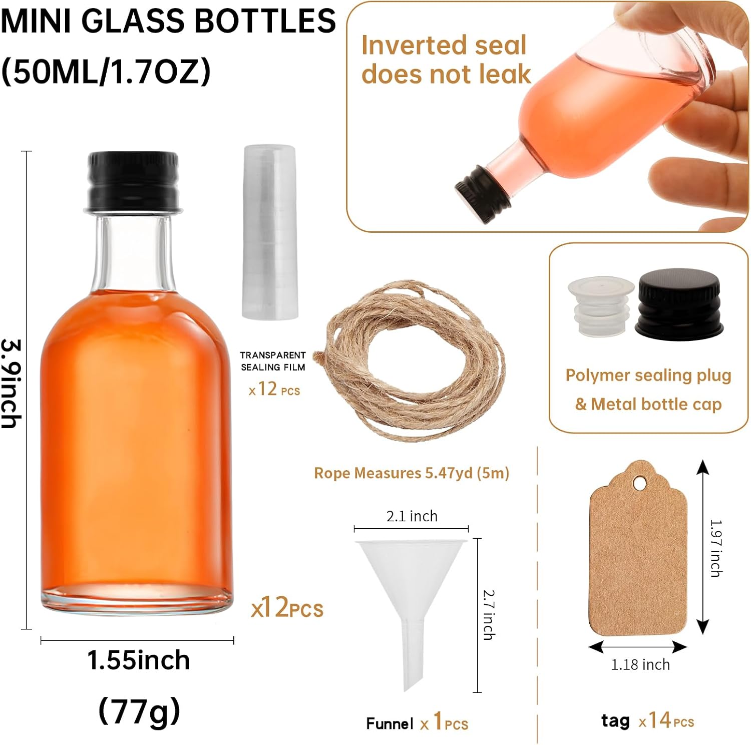 12pcs 1.7 OZ Mini Glass Liquor Bottles with Lids Small Glass Wine Bottle Reusable Empty Alcohol Bottles with Aluminum Black Screw Cap (12)