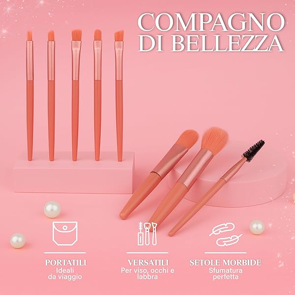 Compact Makeup Brush Set with Case 8 Pieces – Brushes for Face, Eyes, Lips, Portable, Soft and Precise, Travel Makeup Kit with Elegant Design - 4