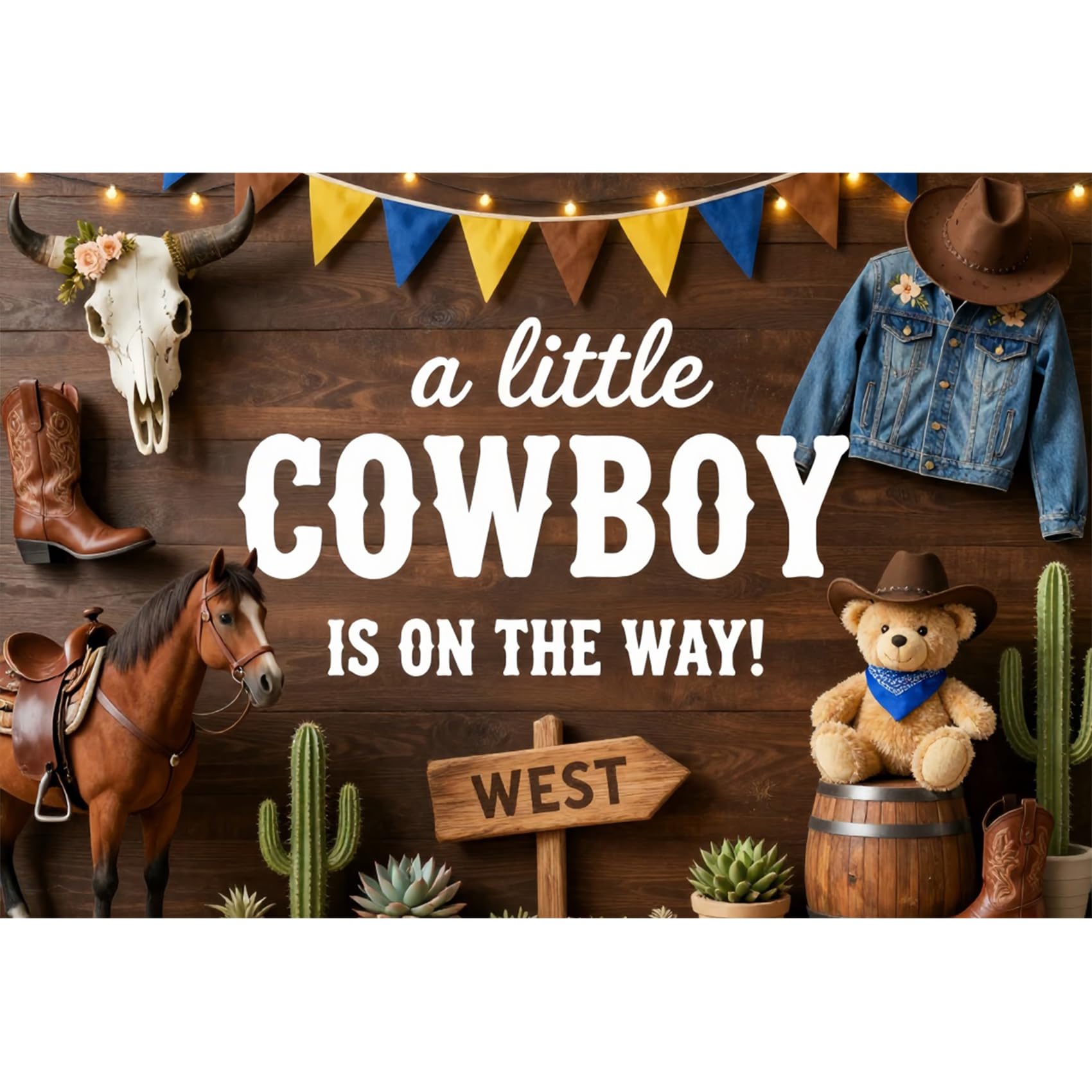 6x3m Sfondo in legno per baby shower a tema cowboy, striscione per la festa Un piccolo cowboy sta arrivando, articoli per la rivelazione del sesso del neonato in stile Far West,western