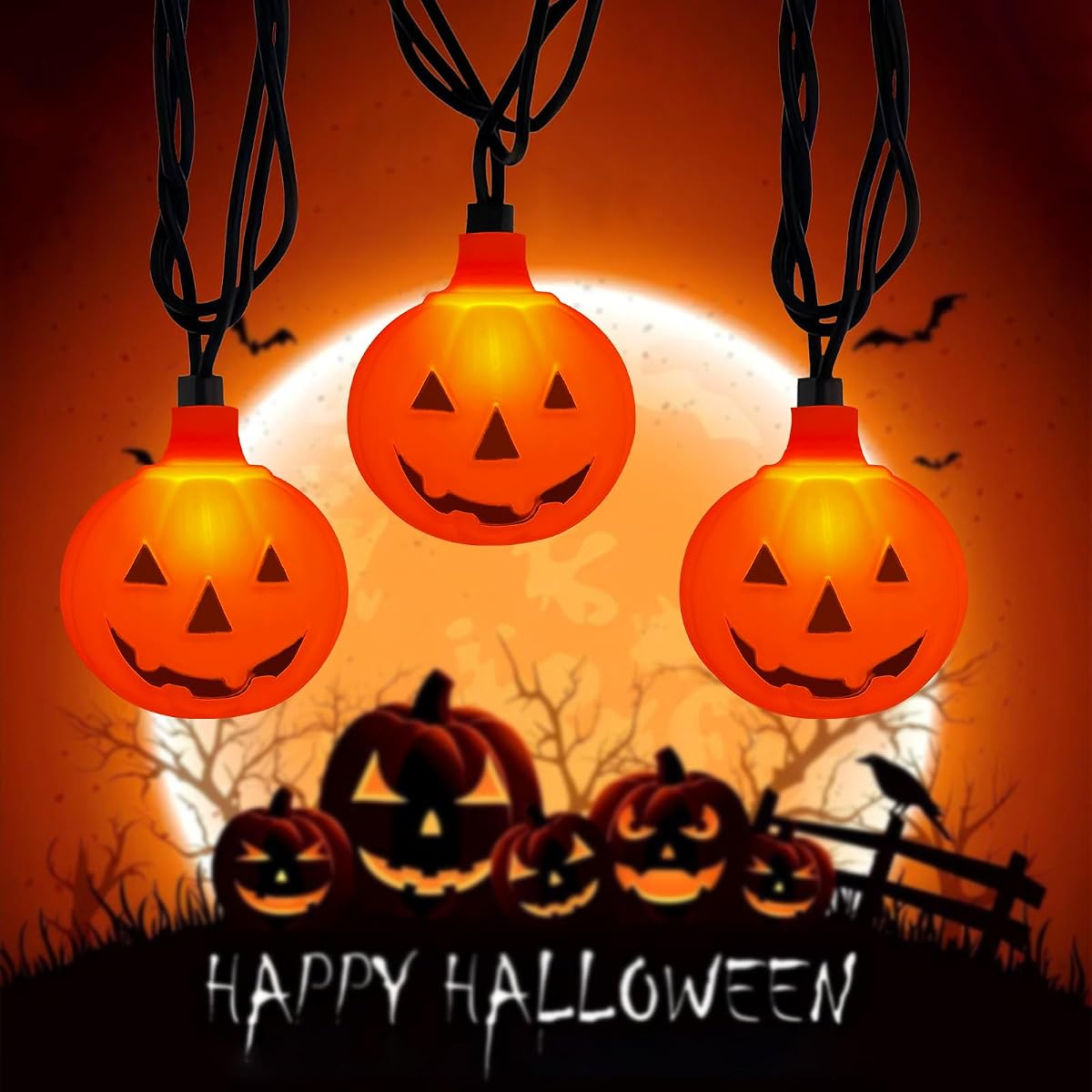 Egcol 8.5FT Pumpkin String Lights - 10 Warm LED Indoor & Outdoor Decorations -