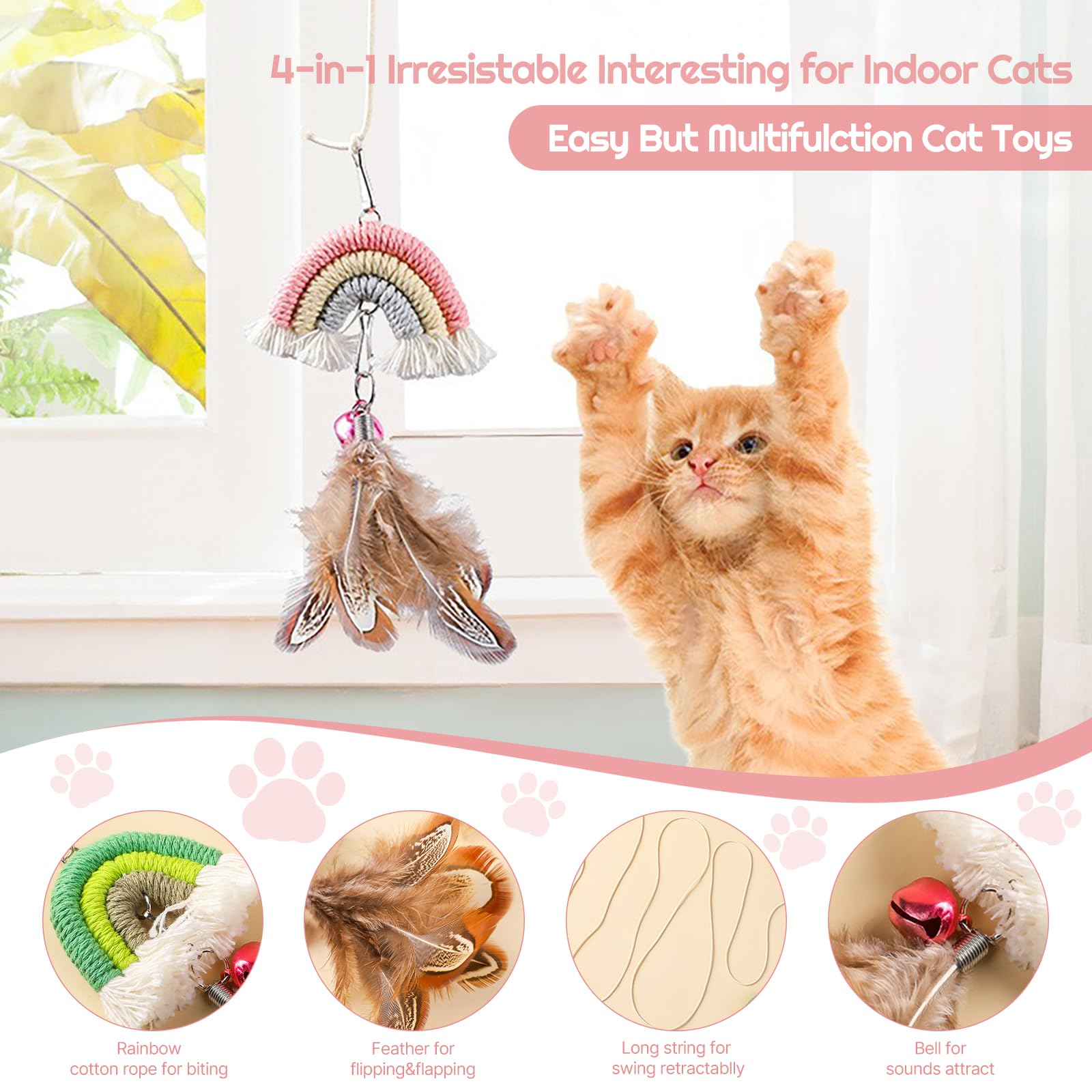 YUDANSI Cat Feather Toys 2pack,Retractable Cat Teaser Toys, Self-Adhesive Hanging Interactive Cat Toy for Indoor Cats Kitten Play Chase Exercise Doorway, Gift for Cats Hunting Chasing to Keep Busy