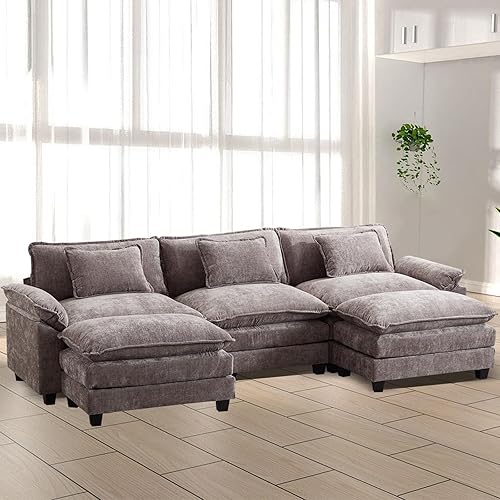 Sofá seccional, sofá modular de nube con otomana, sofás de asiento profundo con almohadas, cómodo sofá biplaza de felpilla para sala de estar,