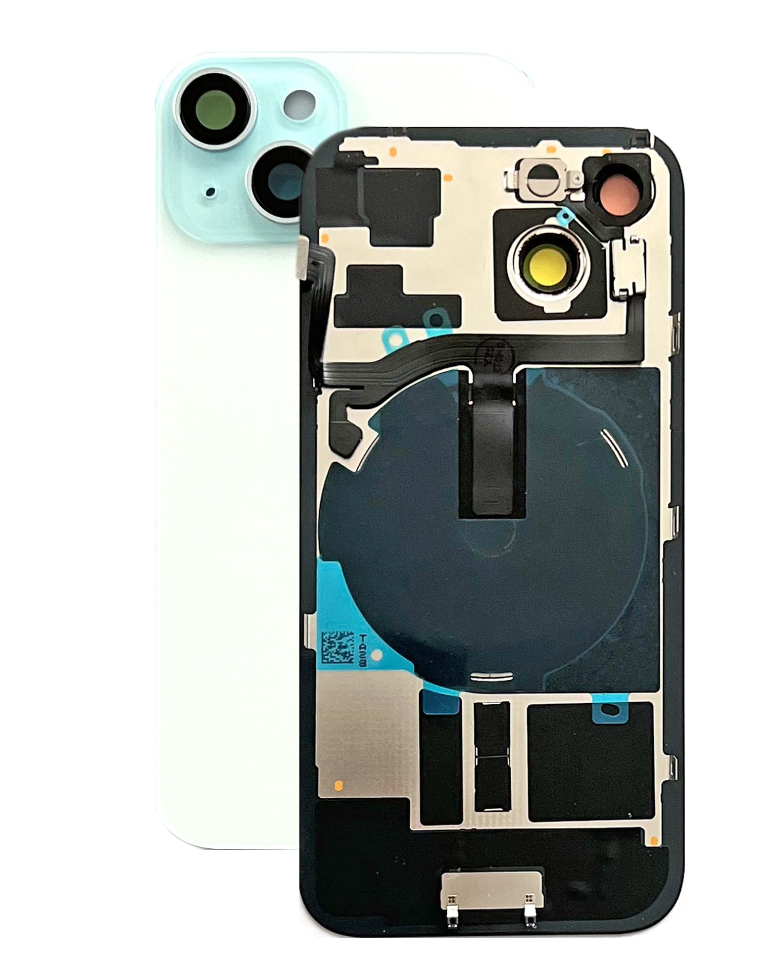 SVV Backcover, Akkudeckel passend für iPhone 15 Serie. Vormontiert : mit QI/NFC Flexkabel, Magnet, Metallträger, Kameraringe, etc. Genau wie auf das Foto. Ersatzrückglas. OEM (Blau)