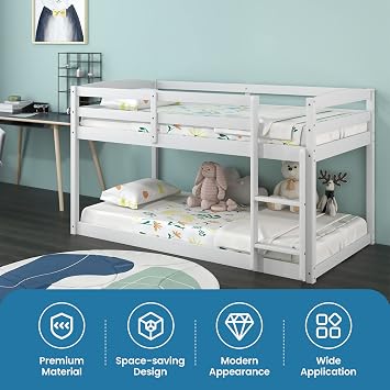 KOMFOTT Low Bunk Bed Twin Over Twin, Solid Wood Bunk Bed Frame with Built-in Ladder & Safety Guardrails, Space-Saving Low Bunk Bed for Kids, Teens, No Box Spring Needed (White)
