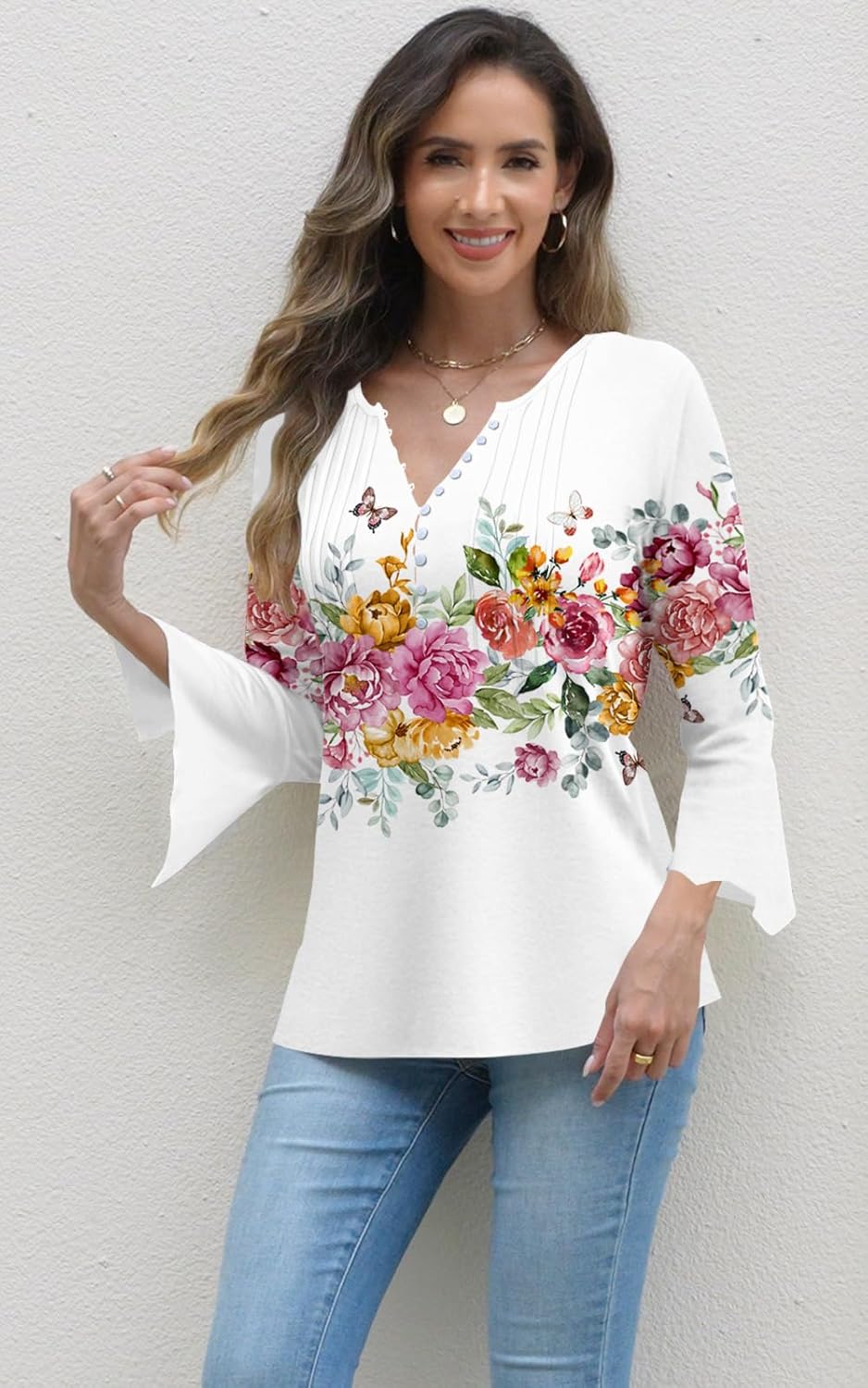 Womens Tops Dressy Casual Pleated Button Neck Summer Blouses 3/4 Flared Sleeve Fall Shirts - Image 2