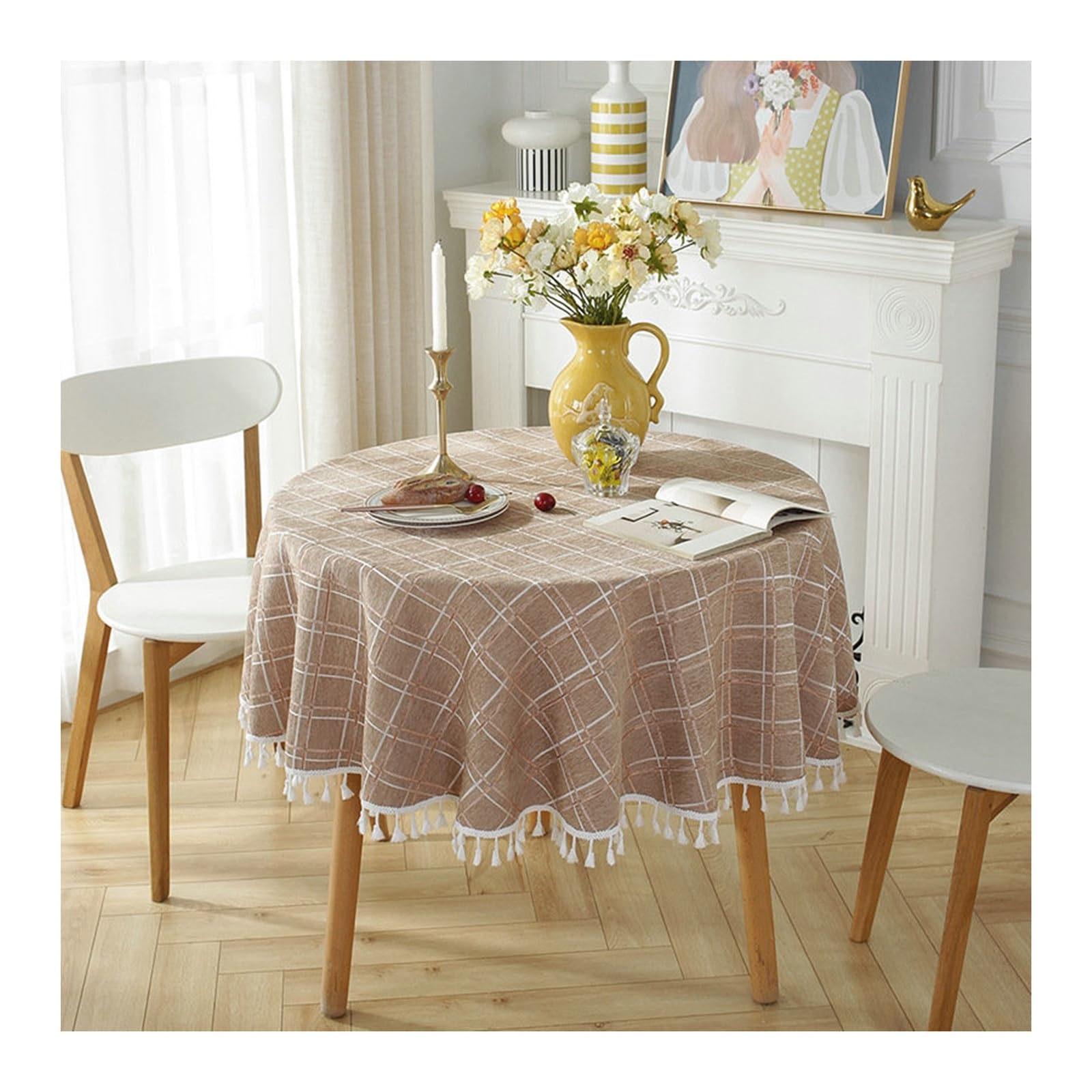 Nappe KnSam 240cm à carreaux double rayures brun en polyester anti-taches pour table de salle