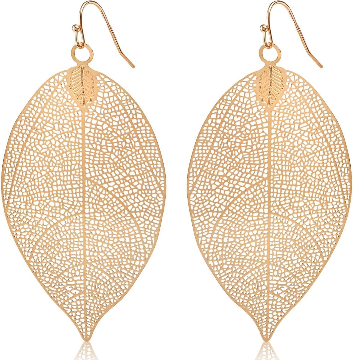 Humble Chic NYHumble Chic NY Humble Chic Filigree Leaf Earrings - Lightweight Cutout Oversized Drop Dangles, Gold-Tone Flat Leaf