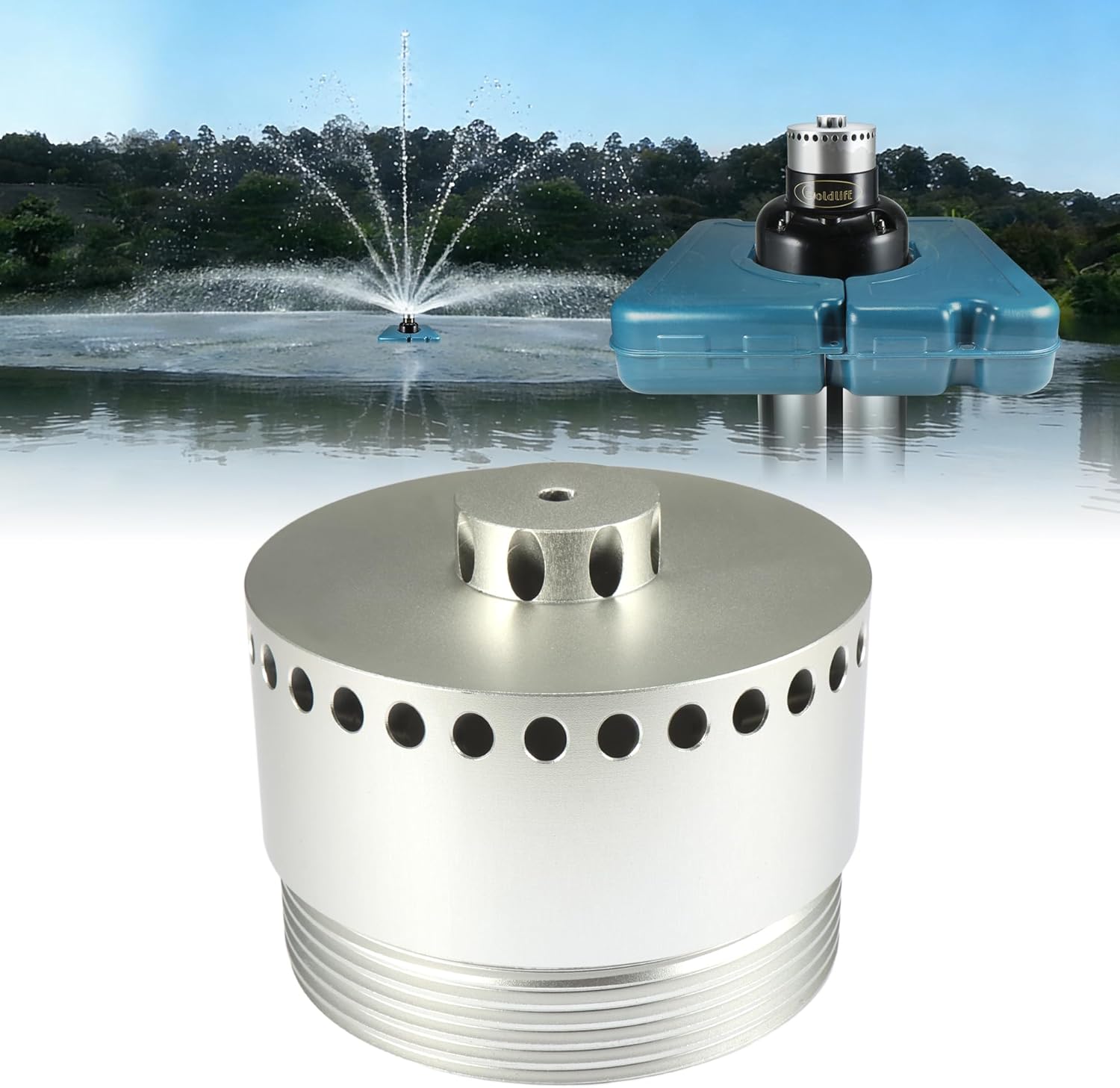 Goldlife Pond Fountain Aerator Accessories - 1 x N2-0 Al-Alloy Nozzle, 36ft Wide 16ft High three-Layer Water Spray Sprinkler Head, Replacement Fountain Aerator Pump Nozzle for Garden Pond