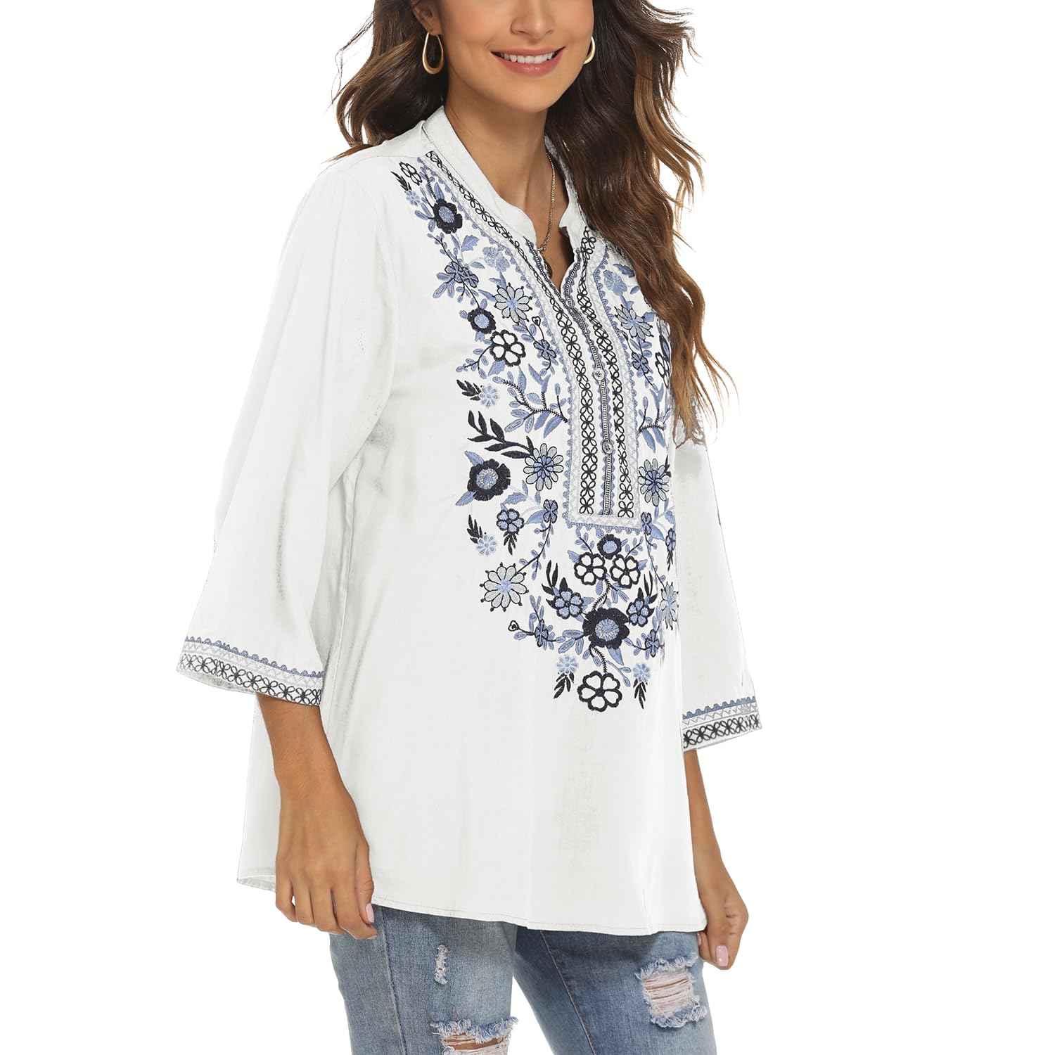 Mexique Femmes bohème brodé Chemise Folklore Fleurs Tunique Top bohème Chemise Manches 3/4 col V