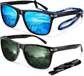 Madison Avenue 2 Pack Square Sports Polarized Sunglasses for Men UV Protection with Eyeglasses Straps, Mens Retro Sun Shades
