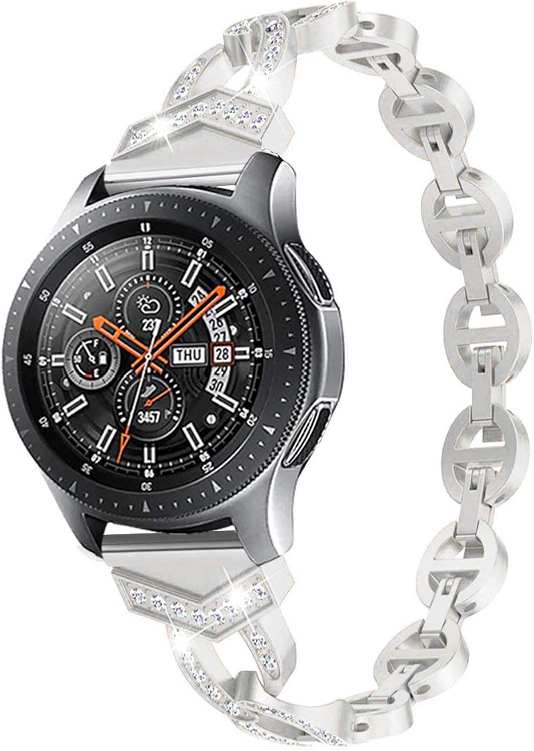 Gear S3 Watch Band, Women Bling Rhinestones Bracelet Slim Metal Wristband Adjustable Accessories Strap Compatible with Galaxy Watch 3 45mm/Galaxy Watch 46mm/Gear S3 Frontier/Classic (A01)