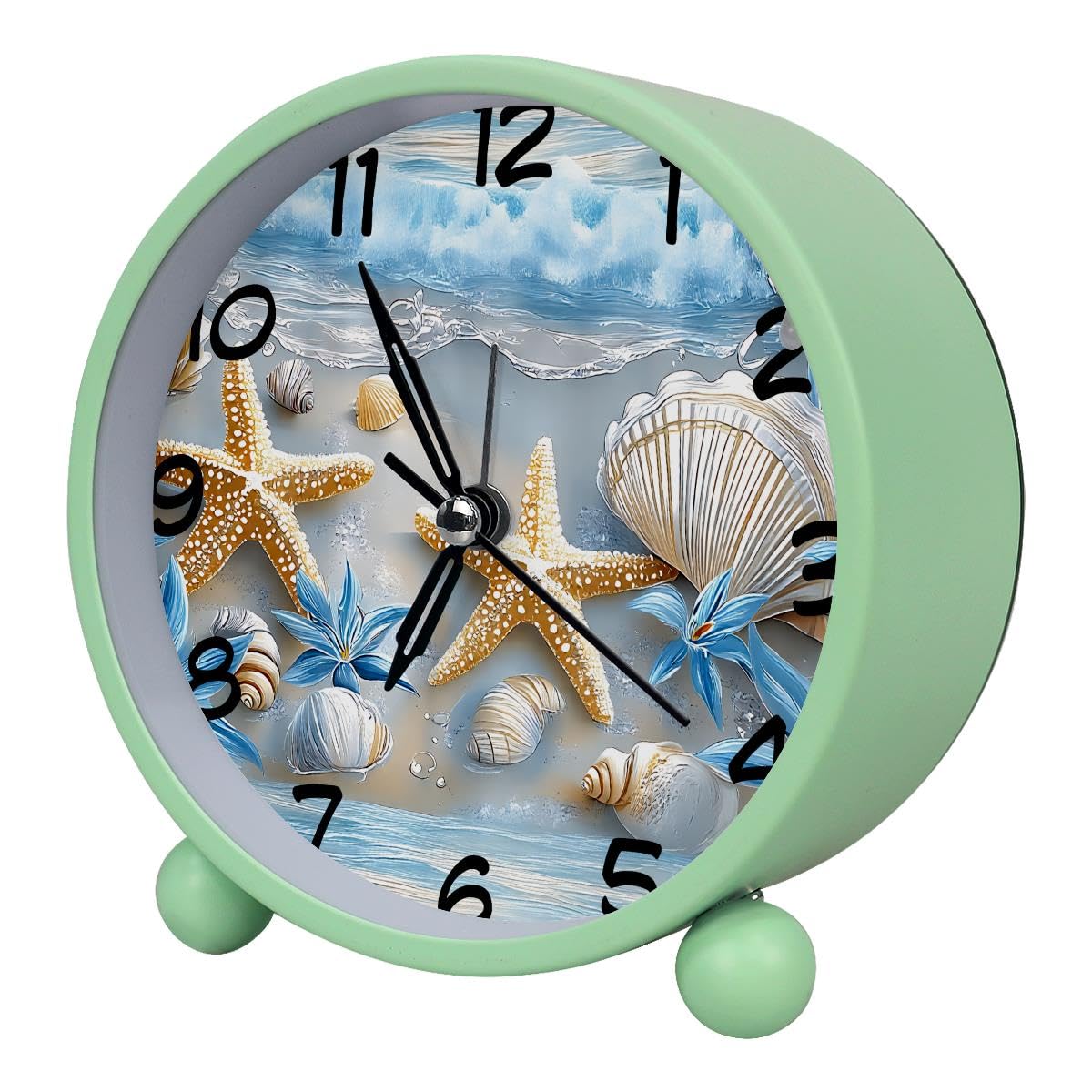 Luoweisi Analog Alarm Clock Beach Starfish Seashells, Silent Non-Ticking with Night Light, Battery Operated, Round Desk Alarm Clock for Office, Bedroom, Elderly, Adults, Children, Student Gifts