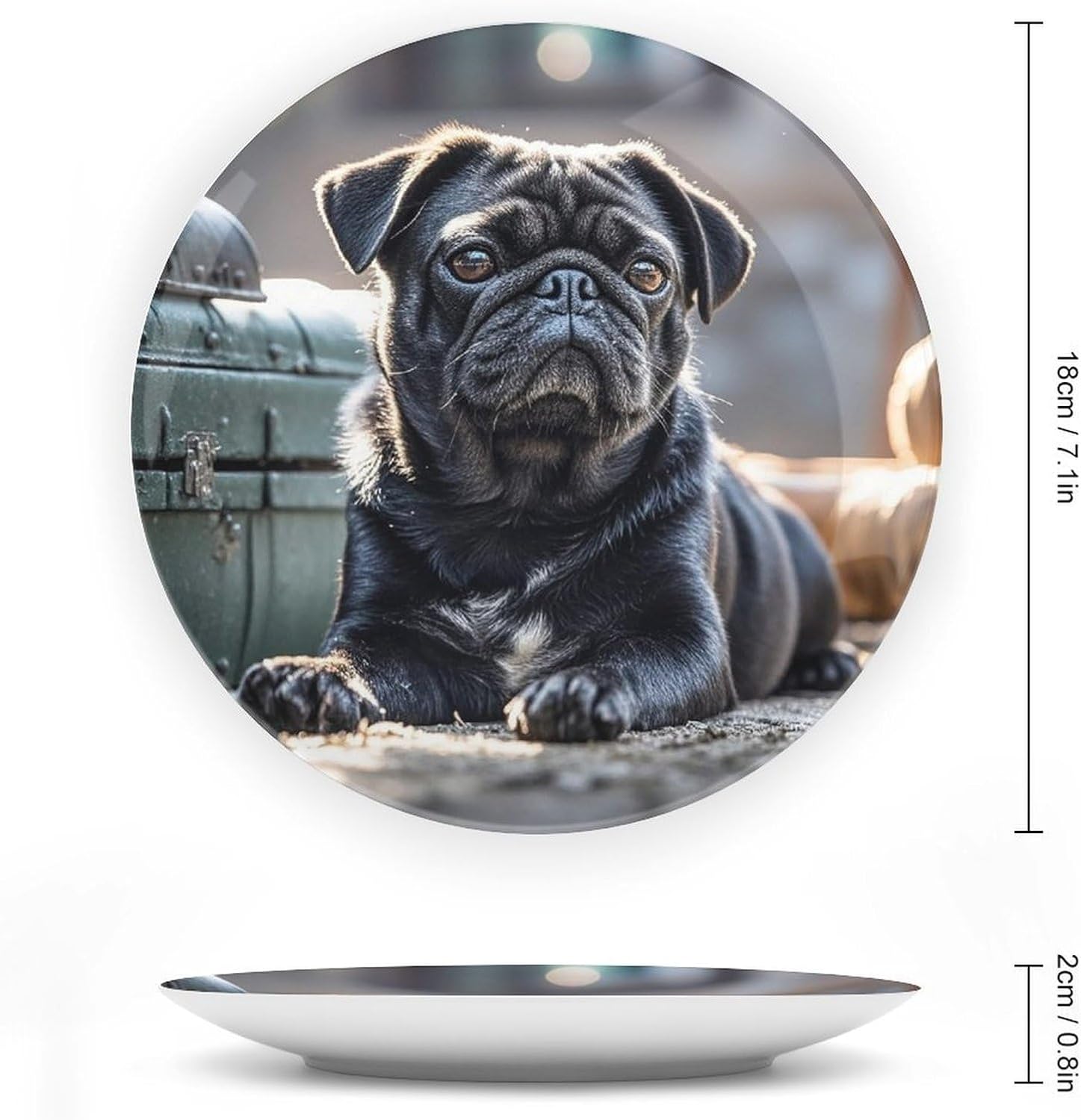 Cute Black Pug Dog Ceramic Plate 10inch Decorative Bone China Wall Hanging Ornament Plates Bohemian Style Dinner Plate with Display Stand Cabinet Display Plates for Home Art Decor