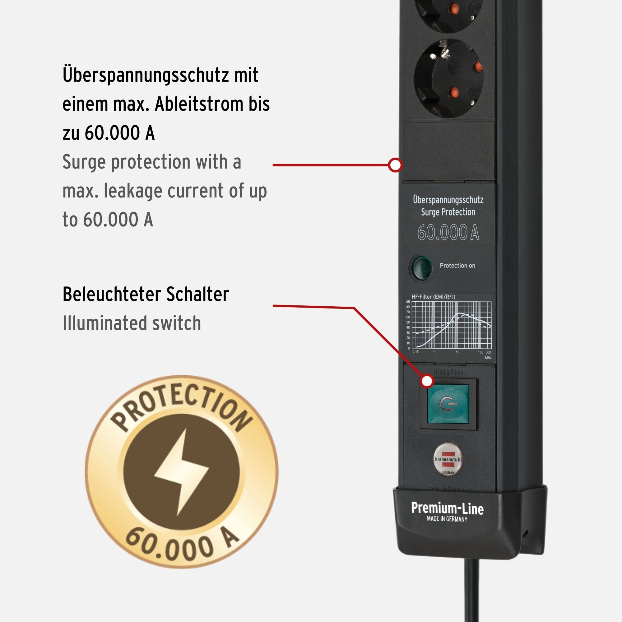 Brennenstuhl Listwa zasilająca Premium-Line z 6 gniazdami z ochroną przed przepięciem do 60 000 A (gniazdko wielokrotne z przełącznikiem, kabel 3 m, 2-drożne USB 3,1 A, Made in Germany), czarna