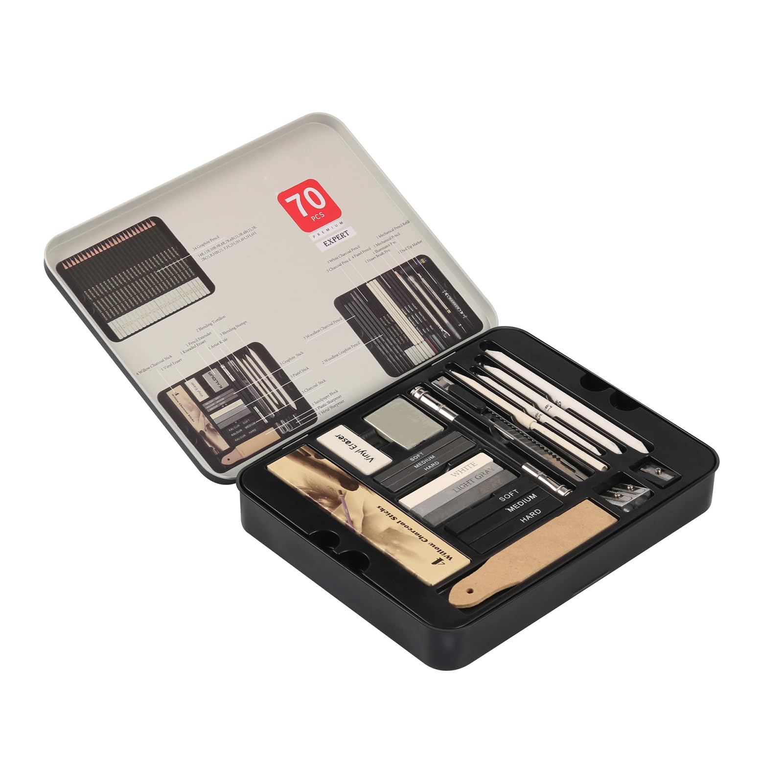 ljhnba Matita per schizzi base e materiale artistico da da 70, include temperamatite, carta vetrata, monconi per sfumare, gomme da cancellare, strumento artistico