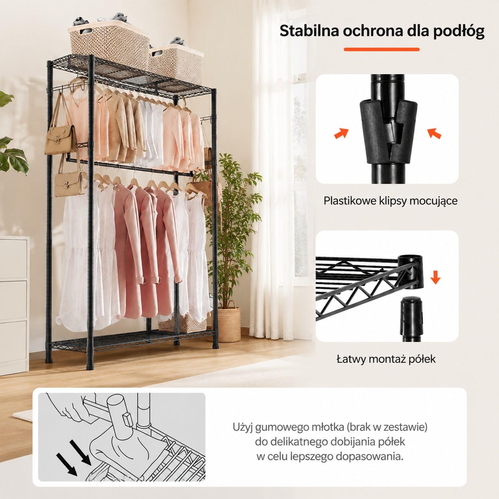 Regulowany wieszak na ubrania ze stali węglowej, 3 drążki, 6 półek i 8 haczyków, otwarta szafa do sypialni, sklepu i korytarza