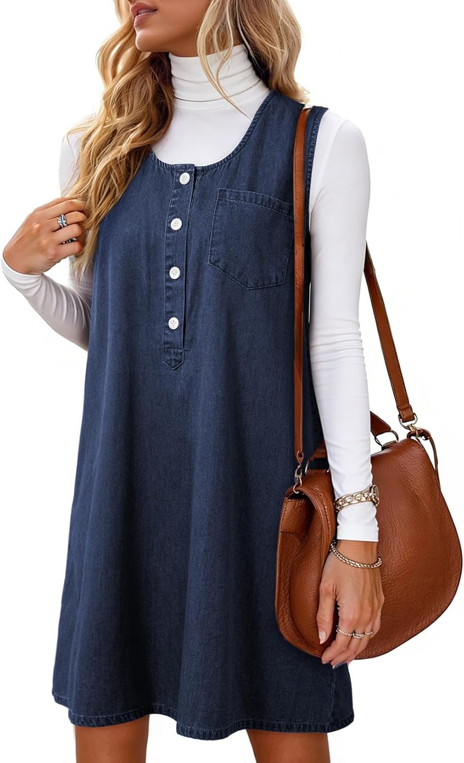 Dokotoo Womens Sleeveless Crewneck Lightweight Summer Casual Cotton Denim Dress Loose Fit Button Dress - Image 4