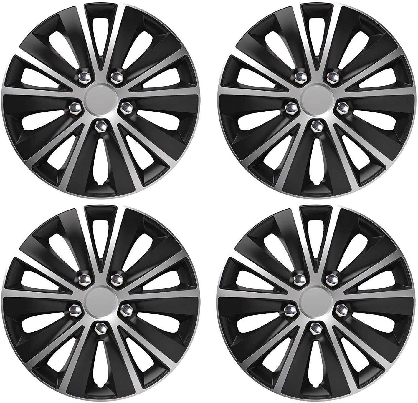 UKB4C 13" 14" 15" 16" Alloy Look Black & Silver Stripe Multi-Spoke Wheel Trims Hub Caps Covers Protectors (14")