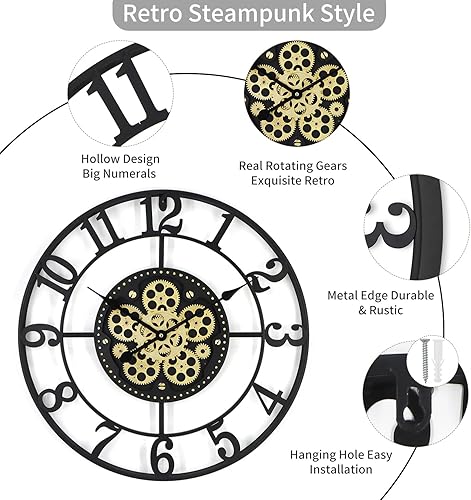 Miniatura 4 de Relojes de pared grandes de 24 pulgadas para decoración de sala de estar con engranajes móviles, reloj de pared grande industrial Steampunk, relojes
