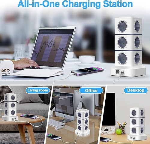 Miniatura 5 de Regleta de alimentación con protector de sobretensiones de 10 pies con 12 salidas de CA, 4 puertos USB, estación de carga, regletas de alimentación