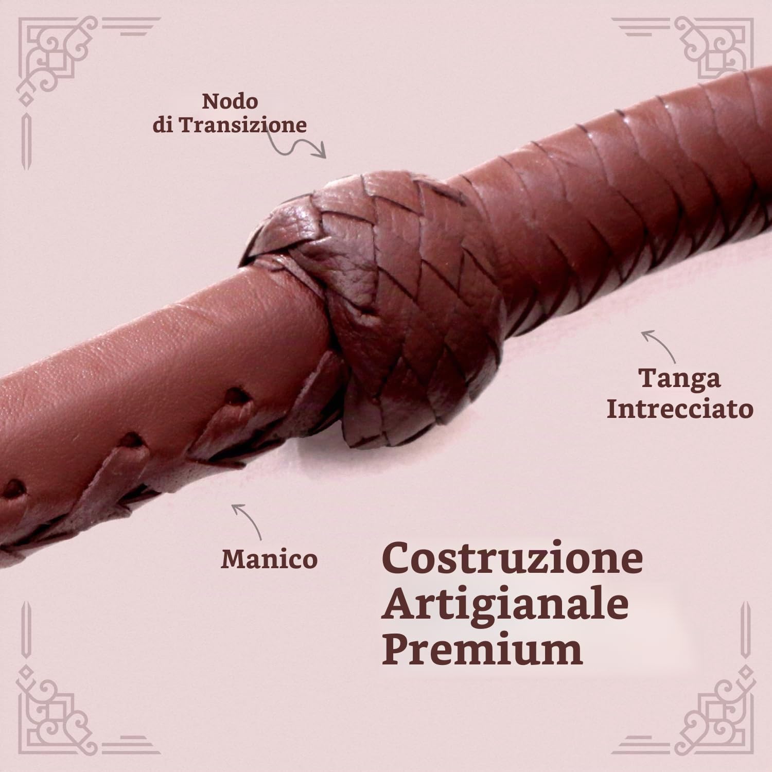 Indiana Jones Style - Frustino in Vera Pelle Bovina, 1,8 m, 8 trecce Marrone Scuro